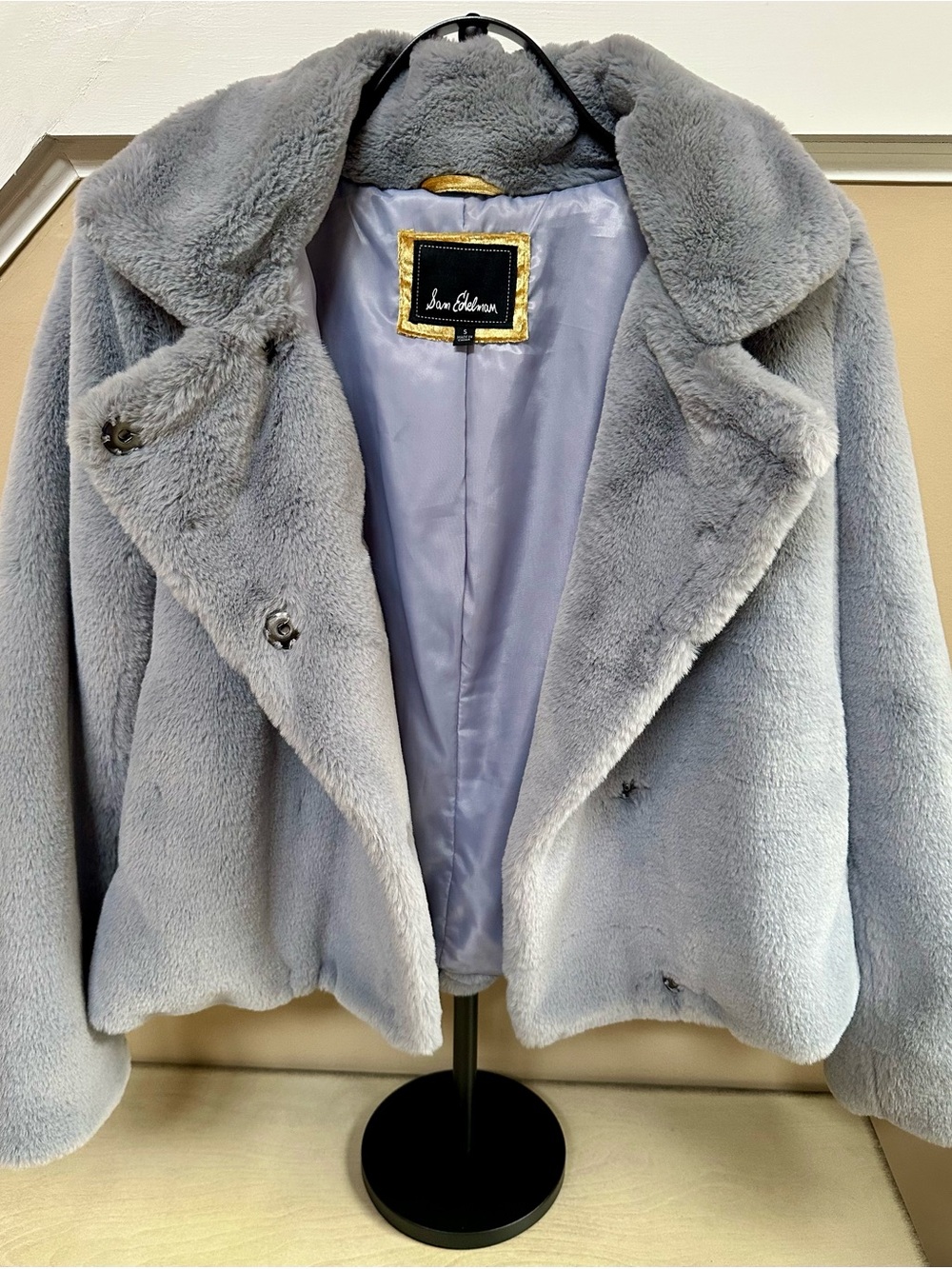 Sam Edelman Gray Faux Fur Teddy Coat Jacket Double Breasted Size S